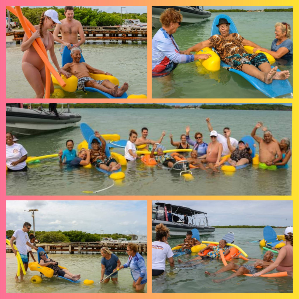 Compilatie van foto's met strandrolstoelen en deelnemers